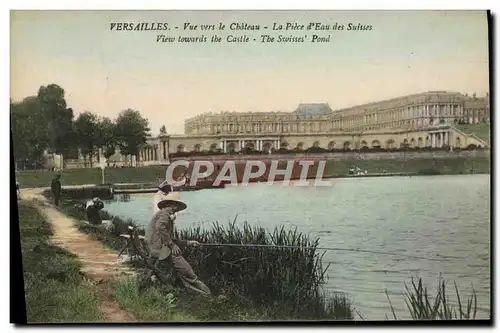 Cartes postales Versailles Vue vers le Chateau La Piece d&#39Eau des Suisses Peche Pecheur