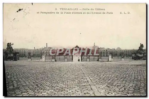 Cartes postales Versailles grille du chateau et perspective de la place d&#39armes et de l&#39avenue de paris