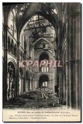 Cartes postales Reims Dans Ses Annees De Bombardements L'Eglise Saint Andre La nef vers le grand portail