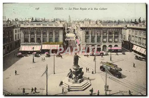 Ansichtskarte AK Reims La Place Royale Et La Rue Colbert Tramway