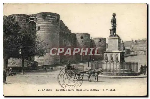 Cartes postales Angers La Statue du Roi Rene et le Chateau Attelage Cheval