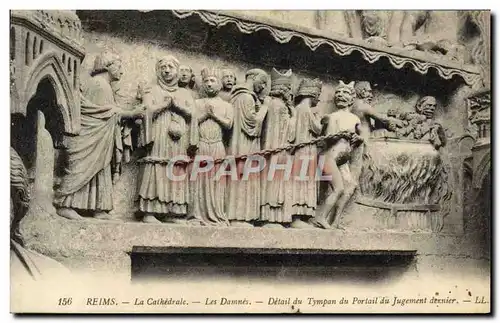 Cartes postales Reims La Cathedrale Les Damnes Detail du Tympan du portail du Jugement Dernier Diable