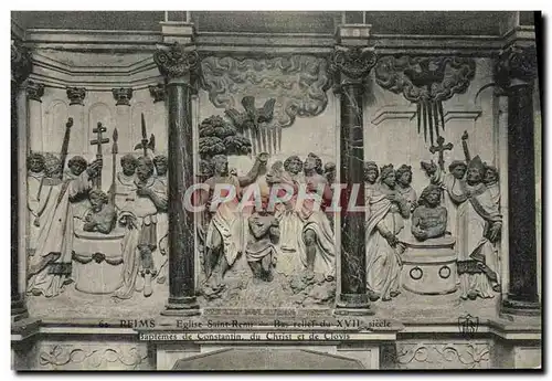 Cartes postales Reims Eglise Saint Remi Bas relief Baptemes de Constantin du Christ et de Clovis