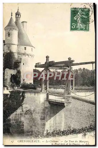 Cartes postales Chenonceaux Le Chateau La Tour Des Marques le pont levis et les douves