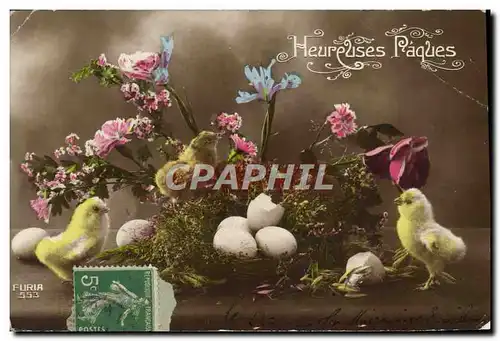 Cartes postales Fantaisie Fleurs Paques Poussin