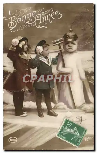 Cartes postales Fantaisie Enfants Bonhomme de neige Casque allemand Militaria