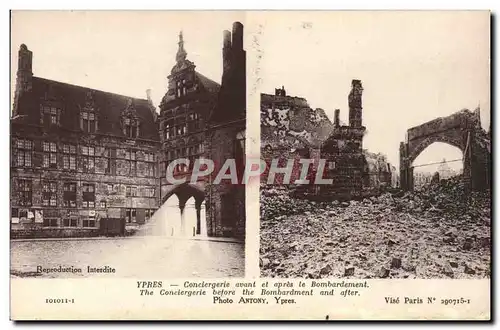 Cartes postales Ypres Conciergerie avant et apres le bombardement Militaria