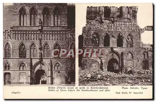 Cartes postales Ypres Halles d'Ypres avant et apres le Bombardement Militaria