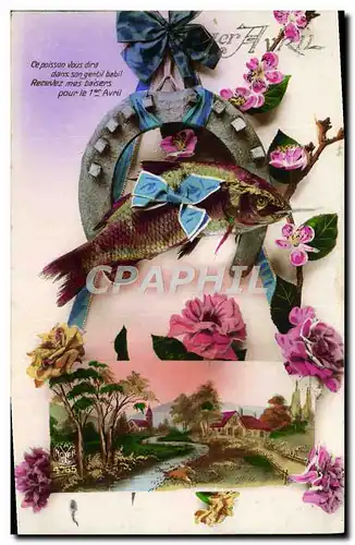 Cartes postales Fantaisie 1er avril Poisson Fer a cheval Fleurs