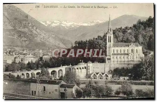 Cartes postales Lourdes La Grotte Les Piscines Et La Basilique