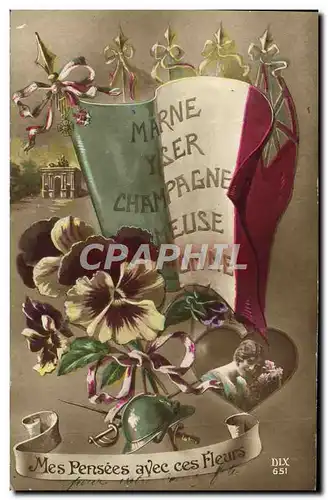 Cartes postales Mes Pensees avec ces Fleurs Yser Marne Champagne Meuse Somme Militaria Drapeau