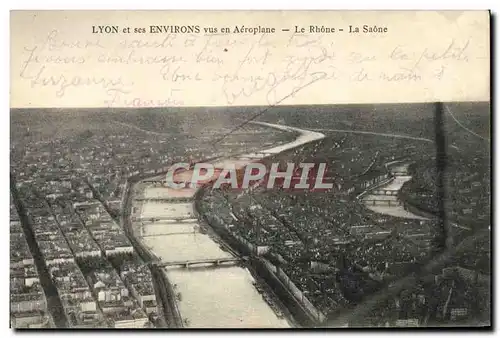 Cartes postales Lyon Et Ses Environs vus en Aeroplane Le Rhone La Saone au dos Expo internationale 1914