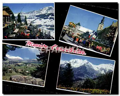 Moderne Karte Megeve ensoeillee Terrasse du Jaillet Place de L&#39Eglise Vue generale et le Mont Blanc Le Mont