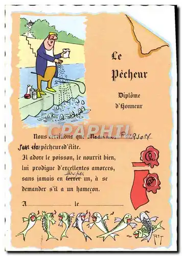 Moderne Karte Le Pecheur Diplome d&#39Honneur Peche Poirson poisson
