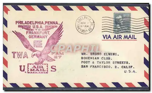 Lettre 1er vol Etats Unis Philadelphia Frankfurt TWA FAM 27 Aigle 1 11 1950