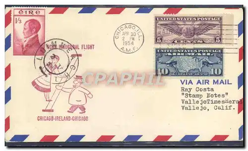 Lettre 1er vol Etats Unis Chicago Ireland Chicago 30 4 1954