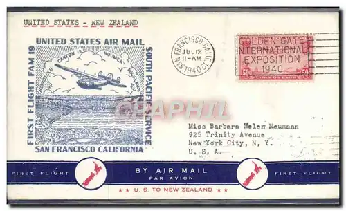 Lettre 1er vol Etats Unis San Francisco New Zealand 12 7 1940