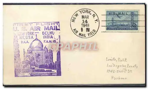 Lettre 1er vol Etats Unis New York Delhi Indi 14 3 1948
