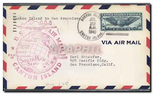 Lettre 1er vol Etats Unis Canton Island San Francisco 22 7 1940