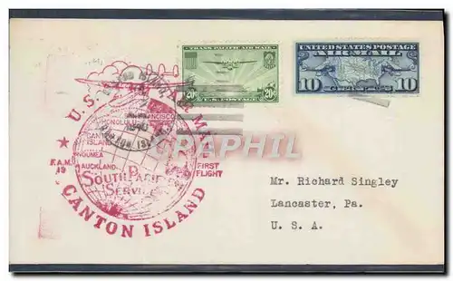 Lettre 1er vol Etats Unis Canton Island San Francisco 22 7 1940