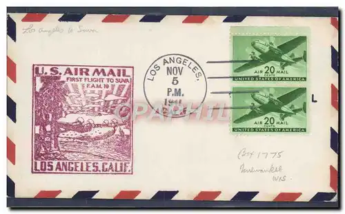 Lettre 1er vol Etats Unis Los Angeles Suva 5 11 1941 Fiji Fidji