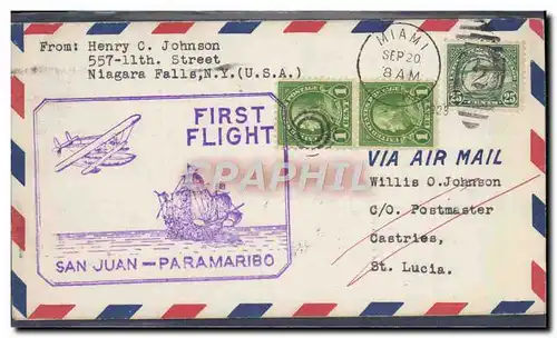 Lettre 1er vol Etats Unis san Juan Paramaribo 20 9 1929