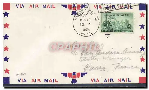 Lettre 1er vol Etats Unis New York Paris 17 12 1950