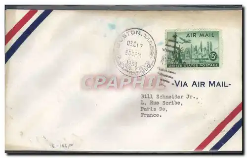 Lettre 1er vol Etats Unis Boston Paris 17 12 1950