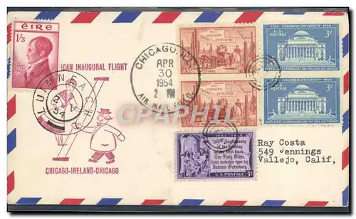 Lettre 1er vol Etats Unis Chicago Ireland Chicago 30 4 1954 Round trip