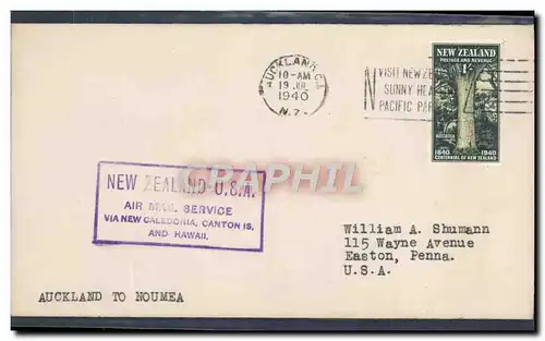 Lettre 1er vol New Zealand Auckland to Noumea 19 7 1940