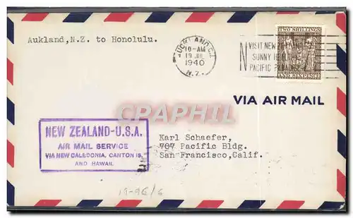 Lettre 1er vol New Zealand USA San Franisco 17 7 1940