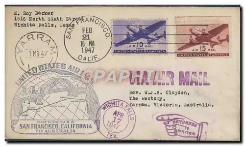 Lettre 1er vol Etats Unis San Francisco Australia 21 2 1947