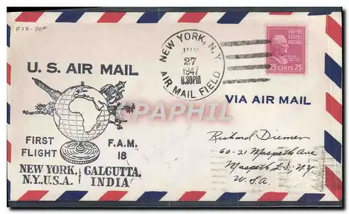 Lettre Etats Unis 1er vol New York Calcutta 27 6 1947