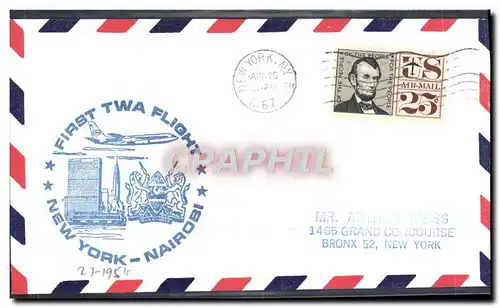 Lettre Etats Unis 1er vol TWA New York Nairobi Kenya 29 4 1967