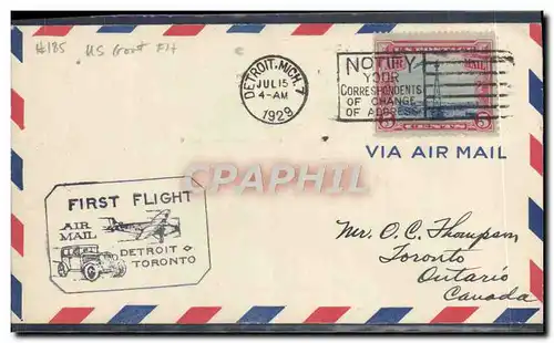 Lettre Etats Unis 1er vol Detroit Toronto Automobile 15 7 1929
