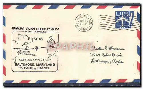 Lettre 1er Vol Etats Unis Baltimore Paris 18 6 1960