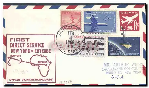 Lettre 1er Vol Etats Unis New York Entebbe 4 2 1966