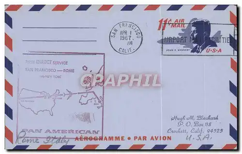 Aerogramme 1er Vol Etats Unis San Francisco Rome 1 4 1967 Kennedy