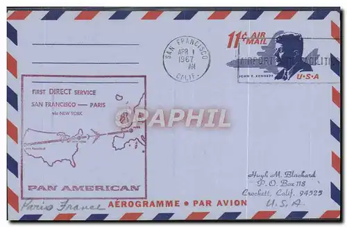 Aerogramme 1er Vol Etats Unis San Francisco Paris 1 4 1967 Kennedy