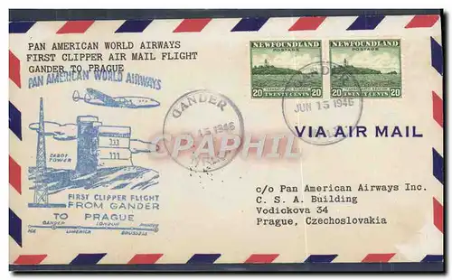 Lettre 1er Vol Newfoundland Gander to Prague 15 6 1946