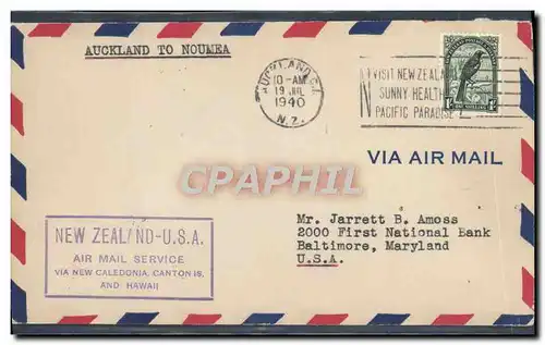 Lettre Nouvelle Zelande 1st flight Auckland to Noumea 19 7 1940