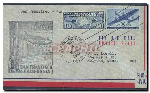 Lettre Etats Unis 1st flight San Francisco Suva Holyoke 5 11 1941