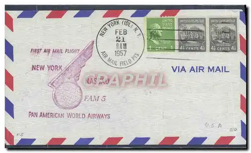 Lettre Etats Unis 1st flight New Yokr Nassau 21 2 1957