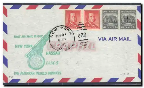 Lettre Etats Unis 1st flight New York Nassau 21 2 1957