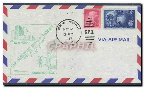 Lettre Etats Unis 1st flight New York Barbados 12 5 1957