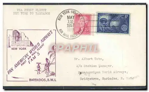 Lettre Etats Unis 1st flight New York Barbardos 12 5 1957