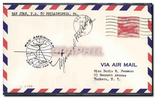 Lettre Etats Unis 1st flight San Juan to Philadelphia 30 4 1958 signed by pilot