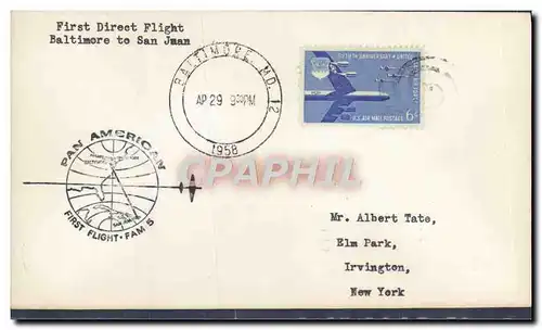 Lettre Etats Unis 1st flight Baltimore to san Juan 29 4 1958