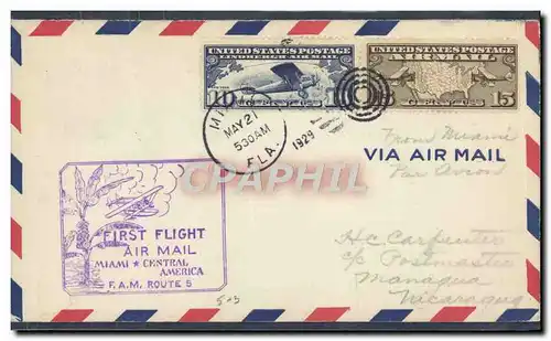 Lettre Etats Unis 1st flight Miami Central America Nicaragua 21 5 1929