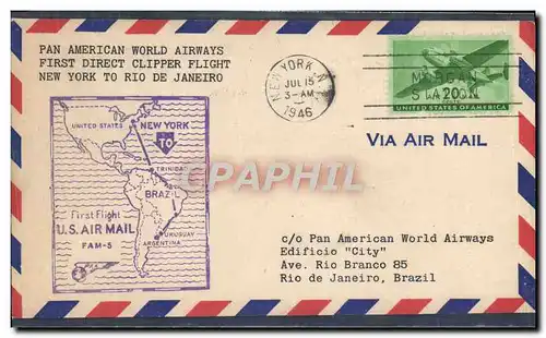 Lettre Etats Unis 1st flight New York Rio de Janeiro 15 7 1946